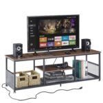 VECELO TV Stand with Power Outlets for Televisions up to 65Inch, 55" Media Entertainment Center with Charging Station 3-Tier Open Storage Shelves with Metal Frame for Living Room/Bedroom，Brown