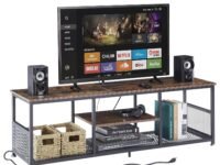 VECELO TV Stand with Power Outlets for Televisions up to 65Inch, 55" Media Entertainment Center with Charging Station 3-Tier Open Storage Shelves with Metal Frame for Living Room/Bedroom，Brown