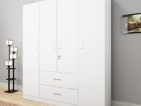VIKI Wardrobe | Wooden Almirah for Clothes,Door for Bedroom, 4 Door Wardrobe with Drawer & Hanging Space (Frosty White - 40D x 160W x 180H) | 1 Year Warranty | Free Assembly