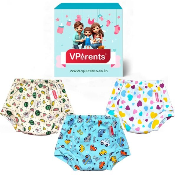 VParents Padded Underwear for Babies and Toddlers with 3 Layers of Cotton Padding Potty Training Pull Up & Diaper-Free Time (3-4 Years) PO3 Fruit, Car & Heart Multicolour