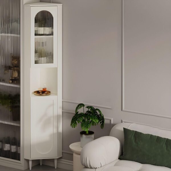 Vandana Interiors Modern 67" Toll Corner Accent Cabinet with Glass Doors, Wood Counter Top, and Cabinet Included
