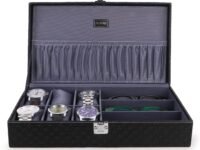 Watch Box Organizer and Sunglasses Case Holder with 6 Slots for Watches and 3 Slots for Sunglasses Black & Gray color