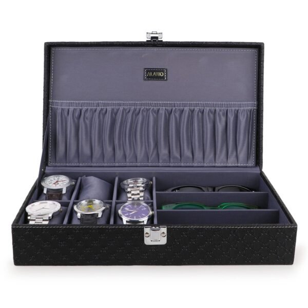 Watch Box Organizer and Sunglasses Case Holder with 6 Slots for Watches and 3 Slots for Sunglasses Black & Gray color