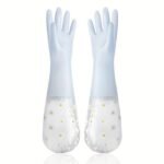 Waterproof Cleaning Gloves - Extra Long Floral Protective Sleeves - Blue - One Pair free size