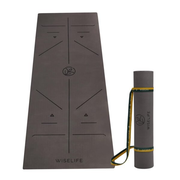 WiseLife TRUE Body Alignment Yoga Mat + Sleek Yoga Strap for Men and Women | Non-Slip Textured Extra Wide & Thick | Pro Balance ECO TPE Exercise Mat For Home, Pilates, Gym & Fitness (6mm, Grey)