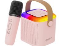 pTron Newly Launched Fusion Tunes 10W Mini Bluetooth Speaker, Wireless Karaoke Mic, 8Hrs Playtime, Vivid RGB Lights, Voice Effects, Multi-Play Modes BT5.1/TF Card & Type-C Charging (Light Pink)