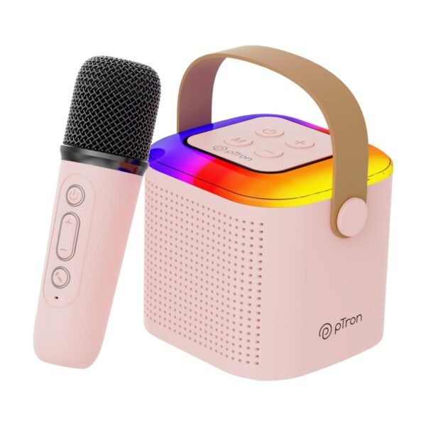 pTron Newly Launched Fusion Tunes 10W Mini Bluetooth Speaker, Wireless Karaoke Mic, 8Hrs Playtime, Vivid RGB Lights, Voice Effects, Multi-Play Modes BT5.1/TF Card & Type-C Charging (Light Pink)