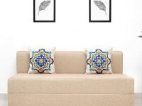 uberlyfe 3 Seater Sofa Cum Bed | Jute Fabric Washable Cover | 2 Cushions Blue Medallion Pattern | Beige | 5' X 6' Feet