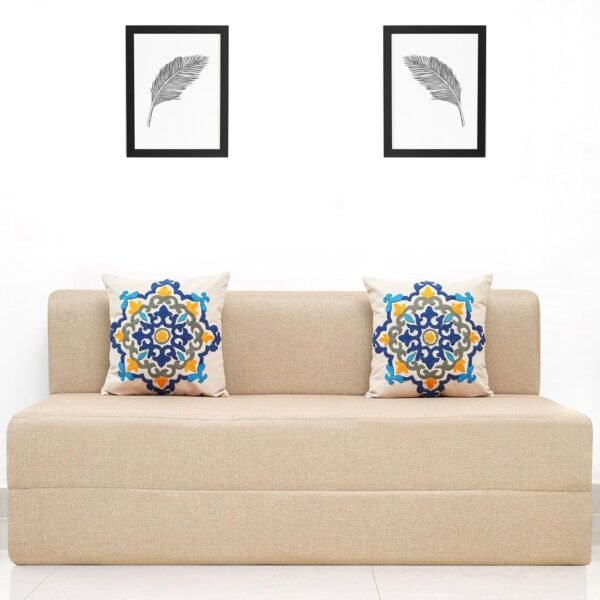 uberlyfe 3 Seater Sofa Cum Bed | Jute Fabric Washable Cover | 2 Cushions Blue Medallion Pattern | Beige | 5' X 6' Feet
