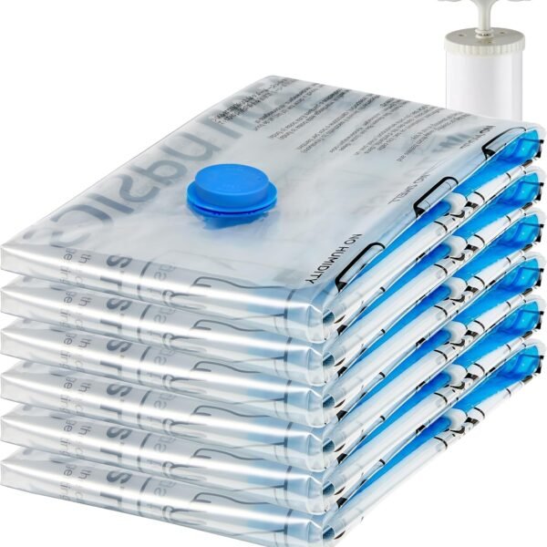 amazon basics Vacuum Compression Storage Bags with Hand Pump - Jumbo, 6-Pack, Plastic, Transparent