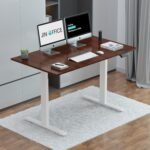 JIN OFFICE Zenith Electric Height Adjustable Table| Standing Desk with 100 Kg Wt. Capacity & 3 Year Warranty| Ergonomic Desk| Sit Stand Table with 3 Memory Preset| White & Brown|1200X750mm/25MM Thick