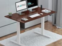 JIN OFFICE Zenith Electric Height Adjustable Table| Standing Desk with 100 Kg Wt. Capacity & 3 Year Warranty| Ergonomic Desk| Sit Stand Table with 3 Memory Preset| White & Brown|1200X750mm/25MM Thick