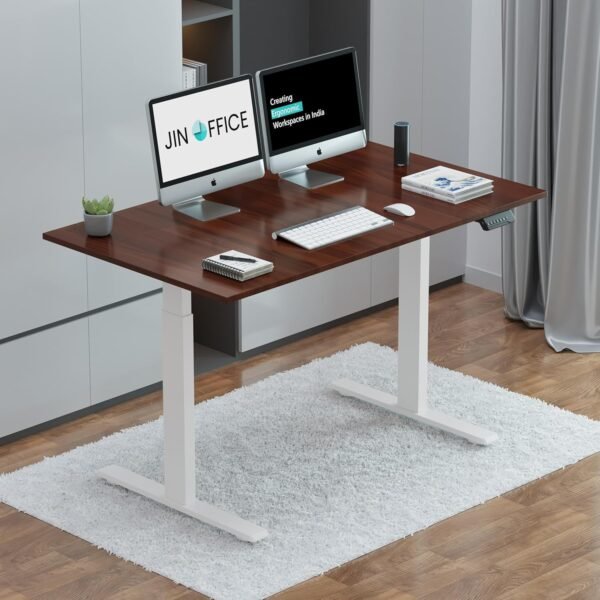 JIN OFFICE Zenith Electric Height Adjustable Table| Standing Desk with 100 Kg Wt. Capacity & 3 Year Warranty| Ergonomic Desk| Sit Stand Table with 3 Memory Preset| White & Brown|1200X750mm/25MM Thick
