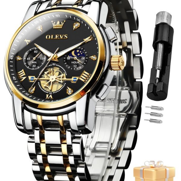 OLEVS Watch for Man Analog Quartz Skeleton Chronograph Diamond Watches Stainless Steel Moon Phase Calendar Waterproof Dress Watches