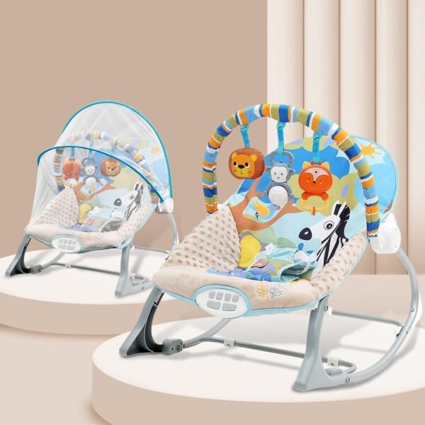 INFANTSO Baby Rocker & Bouncer for 0 to 2 Years (Dark Blue), Portable Rocker for Newborn with Mosquito Net, Calming Vibrations, Soft Music & 3 Hanging Toys, 5-Point Safety Harness
