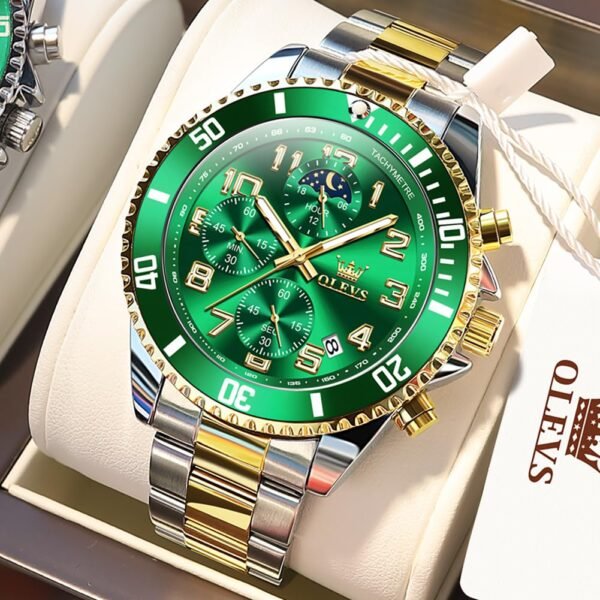 OLEVS Men's Business Watch Gold Blue with Large Easy-Read Analog Quartz Date Display Luxury Stainless Steel Band Waterproof Luminous Hands