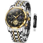 OLEVS Men's Business Watch Gold Blue with Large Easy-Read Analog Quartz Date Display Luxury Stainless Steel Band Waterproof Luminous Hands