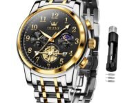 OLEVS Men's Business Watch Gold Blue with Large Easy-Read Analog Quartz Date Display Luxury Stainless Steel Band Waterproof Luminous Hands