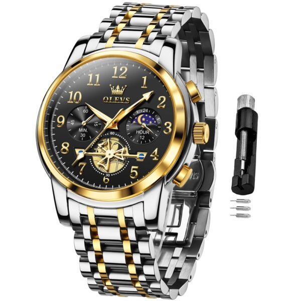 OLEVS Men's Business Watch Gold Blue with Large Easy-Read Analog Quartz Date Display Luxury Stainless Steel Band Waterproof Luminous Hands