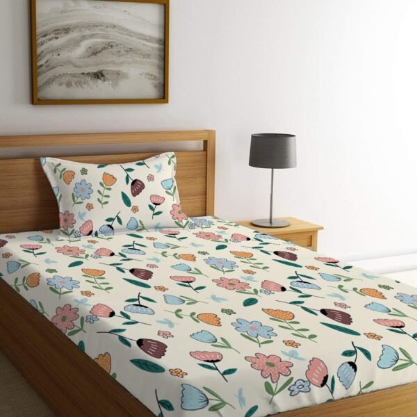 LOOMLYFE 300 TC Cotton Feel Glace Elastic Fitted Printed Single Bed Bedsheet with 1 Pillow Cover Fits Upto 6 Inches Mattress,Size- 50X75cm, PeachFlower