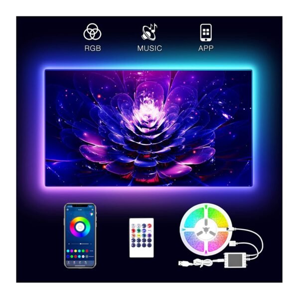 2-Meter 5050 Smart LED Strip Light USB WiFi Music Sync, RGB Color Changing, Compatible with 65-Inch TVs, Bluetooth Remote Control, Gaming Room Decor Lighting Kit(Remote + Bluetooth) Plastic