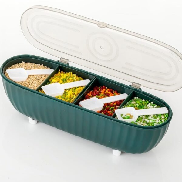 4 Compartments Seasoning Box With Lid, Storage Container, Cover and Serving Spoons, Kitchen Condiment Jars, Plastic Set (MultiColor / 1 Pcs)