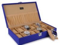 ALAWO Men's Women's Watch Box Organizer Case with 12 Slots of Watches in PU Leather with Blue&Cream Color