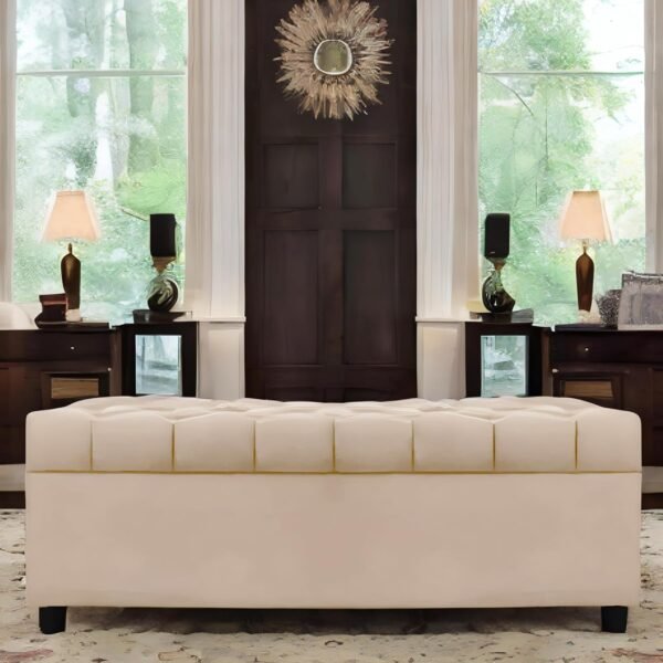 AMATA Eagle Solid Wood 2 Seater Ottoman/pouffe Cream Suede Velvet Fabric Perfect for Home Living Office Room and Guests (Cream 3, 2 Seater)(3 Year Warranty)