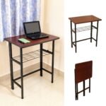 ANEXO Metal Folding Computer Work from Home Table for Laptop Study Office Foldable Desk (Mahogany with Tray)