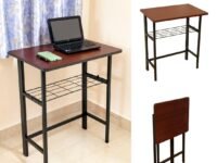 ANEXO Metal Folding Computer Work from Home Table for Laptop Study Office Foldable Desk (Mahogany with Tray)