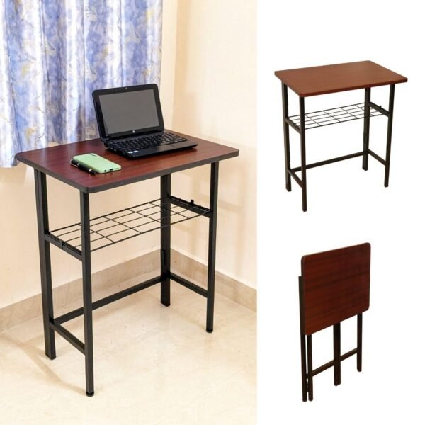 ANEXO Metal Folding Computer Work from Home Table for Laptop Study Office Foldable Desk (Mahogany with Tray)