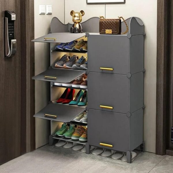 AYSIS Premium Modular Plastic Shoe Rack for Home with Door | 𝟏𝟐-𝐓𝐢𝐞𝐫 Stackable Shoe Organizer | Waterproof & Dustproof | Space Saving Storage for Home, Bedroom & Entryway【Grey, 12-Shelf-6-Door】