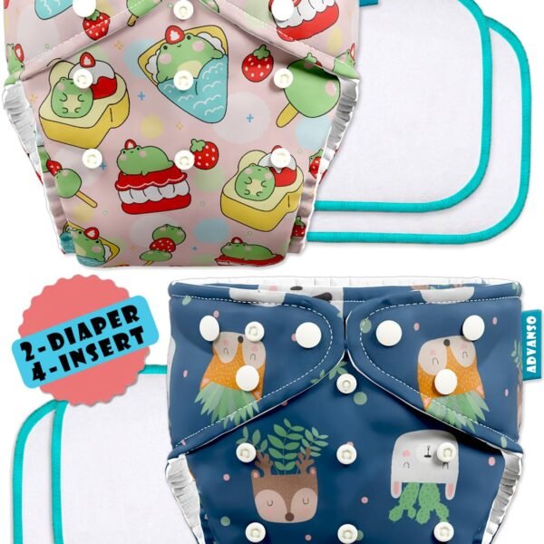 Advanso Leakage Proof cloth diapers for babies, high absorbent 2 reusable diaper 4 insert pad combo pack washable cloth diaper free size 5-18kg adjustable pocket cover P65