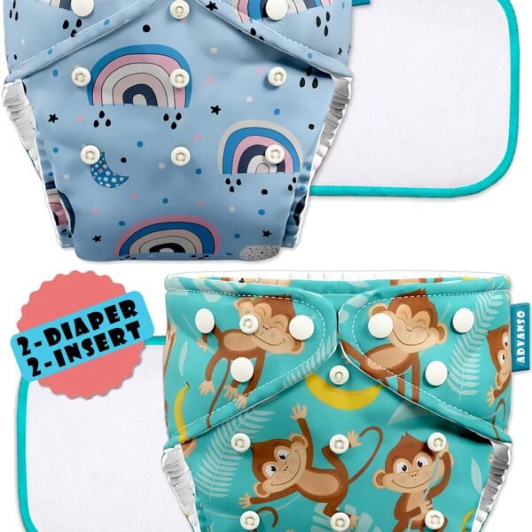 Advanso Leakage-proof cloth diapers for babies, high absorbent 2 reusable diaper 2 insert pad combo pack washable cloth diaper free size 5-18kg baby adjustable pocket cover 18