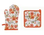 Airwill © Cotton Designer Pattern Heat Resistant Kitchen Linens (1 Oven Mitt & 1 Pot Holder) (Orange,White)