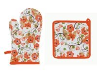 Airwill © Cotton Designer Pattern Heat Resistant Kitchen Linens (1 Oven Mitt & 1 Pot Holder) (Orange,White)