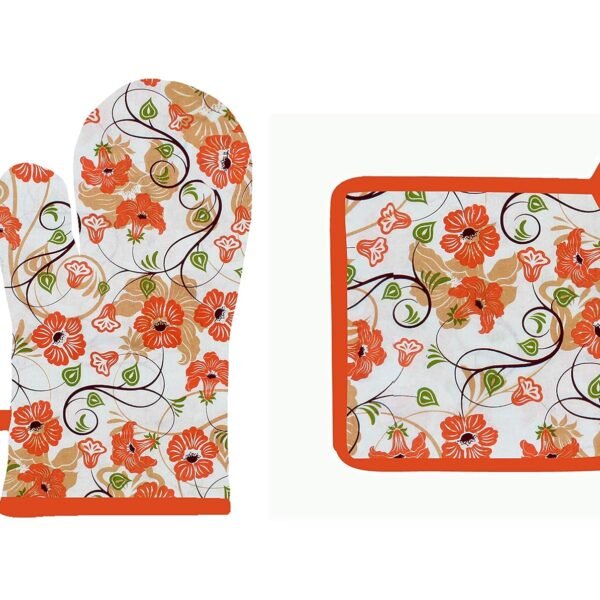 Airwill © Cotton Designer Pattern Heat Resistant Kitchen Linens (1 Oven Mitt & 1 Pot Holder) (Orange,White)