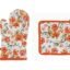 Airwill © Cotton Designer Pattern Heat Resistant Kitchen Linens (1 Oven Mitt & 1 Pot Holder) (Orange,White)
