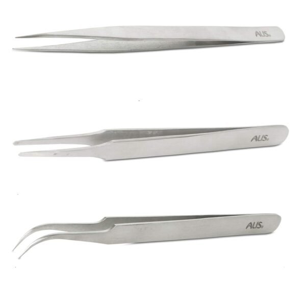 Alis Curved, Straight and Plucker Tweezer Set of 3 Eyebrow Tweezer Set - Great Precision for Facial Hair, Ingrown Hair, Splinter and Blackhead Remover