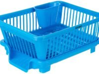Amazon Brand - Solimo Plastic Dish Drainer with Detachable Cutlery Holder & Drain Tray | for Kitchen Dish Drying | 43.5D x 18.3W x 31.5H Cm | Blue