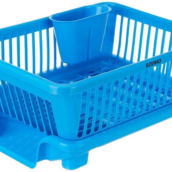 Amazon Brand - Solimo Plastic Dish Drainer with Detachable Cutlery Holder & Drain Tray | for Kitchen Dish Drying | 43.5D x 18.3W x 31.5H Cm | Blue