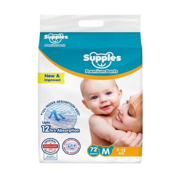 Amazon Brand - Supples Premium Baby Diaper Pants | 72 Baby Diapers | Medium | 7-12 Kg | 12 Hrs Absorption | Cushiony Cotton Soft Fabric | Phthalates-Free | Triple Leak Guard