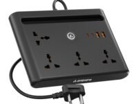 Ambrane 45WMobile & Laptop Charging Extension Board, Supports MacBook, 2 Type C, 2 USB, 4 AC Sockets, with Mobile Stand, 2500W Multi Extension, 2m Long Cable, Perfect for Table (Smartstrip 3 Pro)