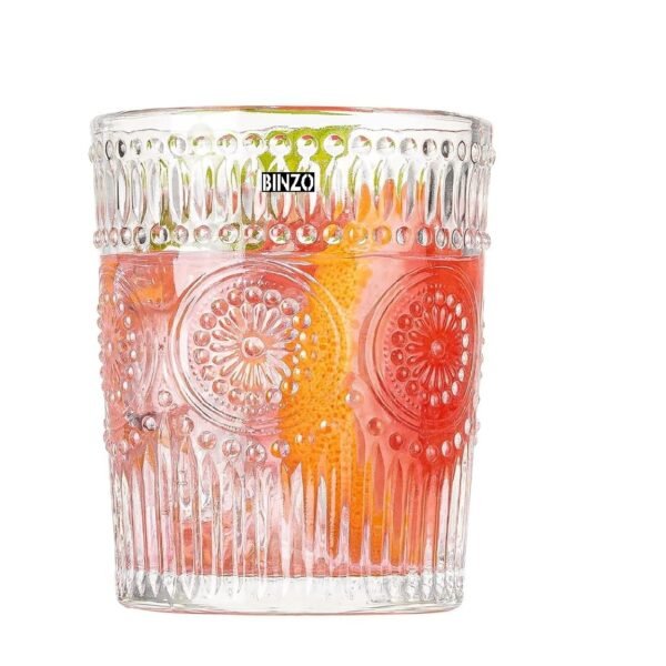 BINZO Drinking Glasses, Set of 6, 300 ml, Premium Beautiful Glassware for Water, Juice, Beer, Cold Drinks, Rock Glass, Ribbed Floral Design Tumblers MultiUse (Romantic, Small, Set of 6, 300 ml)
