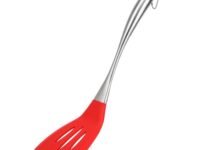 Baskety Basics Slotted Silicone Turner Spatula, High Heat Resistant to 480°F, Hygienic One Piece Design, Non Stick Rubber Kitchen Utensil for Fish, Eggs, Pancakes, Wok (Steel Slotted Red)