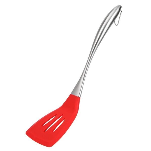 Baskety Basics Slotted Silicone Turner Spatula, High Heat Resistant to 480°F, Hygienic One Piece Design, Non Stick Rubber Kitchen Utensil for Fish, Eggs, Pancakes, Wok (Steel Slotted Red)