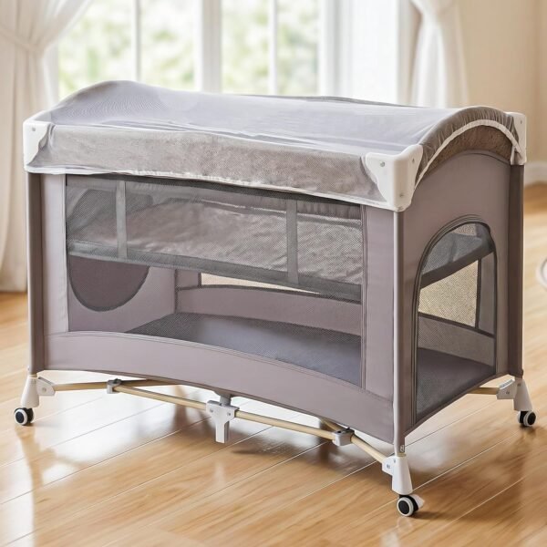 Baybee 3 IN 1 Baby Bedside Crib with Playpen for Babies | Foldable Baby Bassinet Cot with Mosquito Net, Lockable Wheels & Zipper Door | Activity Kids Playards with Soft Matrress & Storage Pocket | Portable Play pen for Baby for 0 - 5 Years