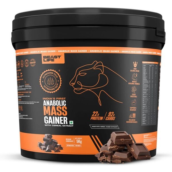 BeastLife High Protein Mass/Weight Gainer | 5 KG | Belgian Chocolate | NABL LAB Tested | For Muscle Gain & Fast Growth | Cereal-Based Formula, No Maltodextrin | India's #1 Cereal Based Bulk Gainer