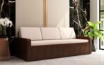 Bluebite Berry Sofa Cum Bed (Cream) | Wenge Finsh | 3 Back Cushions | Pull-Out Mechanism | 3 Seater Wooden Sofa | Queen Size | Mattress with Removable Cover | Box Storage Space