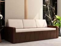Bluebite Berry Sofa Cum Bed (Cream) | Wenge Finsh | 3 Back Cushions | Pull-Out Mechanism | 3 Seater Wooden Sofa | Queen Size | Mattress with Removable Cover | Box Storage Space